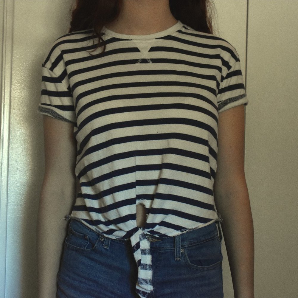Striped Blue and White Top, Tied at Bottom.